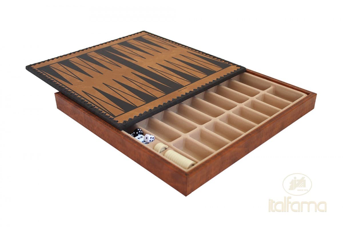 Italfama LEATHERETTE CHESSBOARD BROWN/BLACK WITH CHESS COMPARTMENTS, BACKGAMMON AND CHECKERS SET