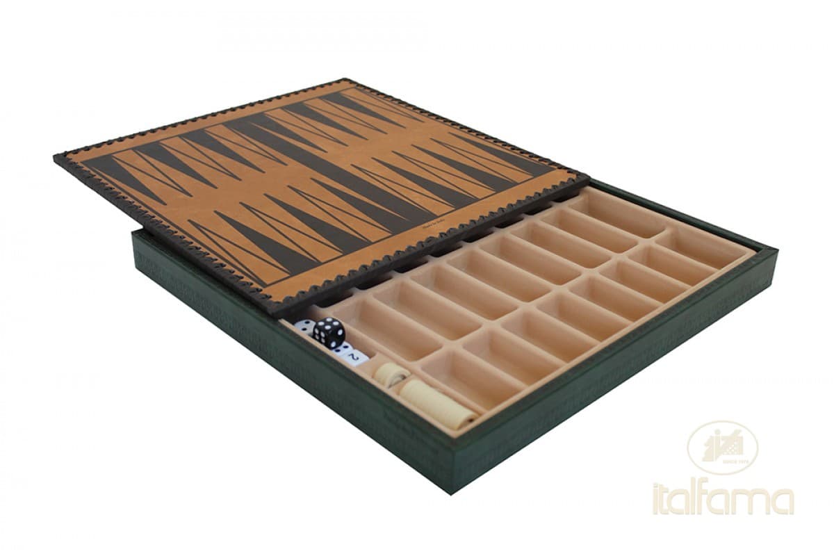 Italfama LEATHERETTE CHESSBOARD GOLD/GREEN WITH CHESS COMPARTMENTS, BACKGAMMON AND CHECKERS SET