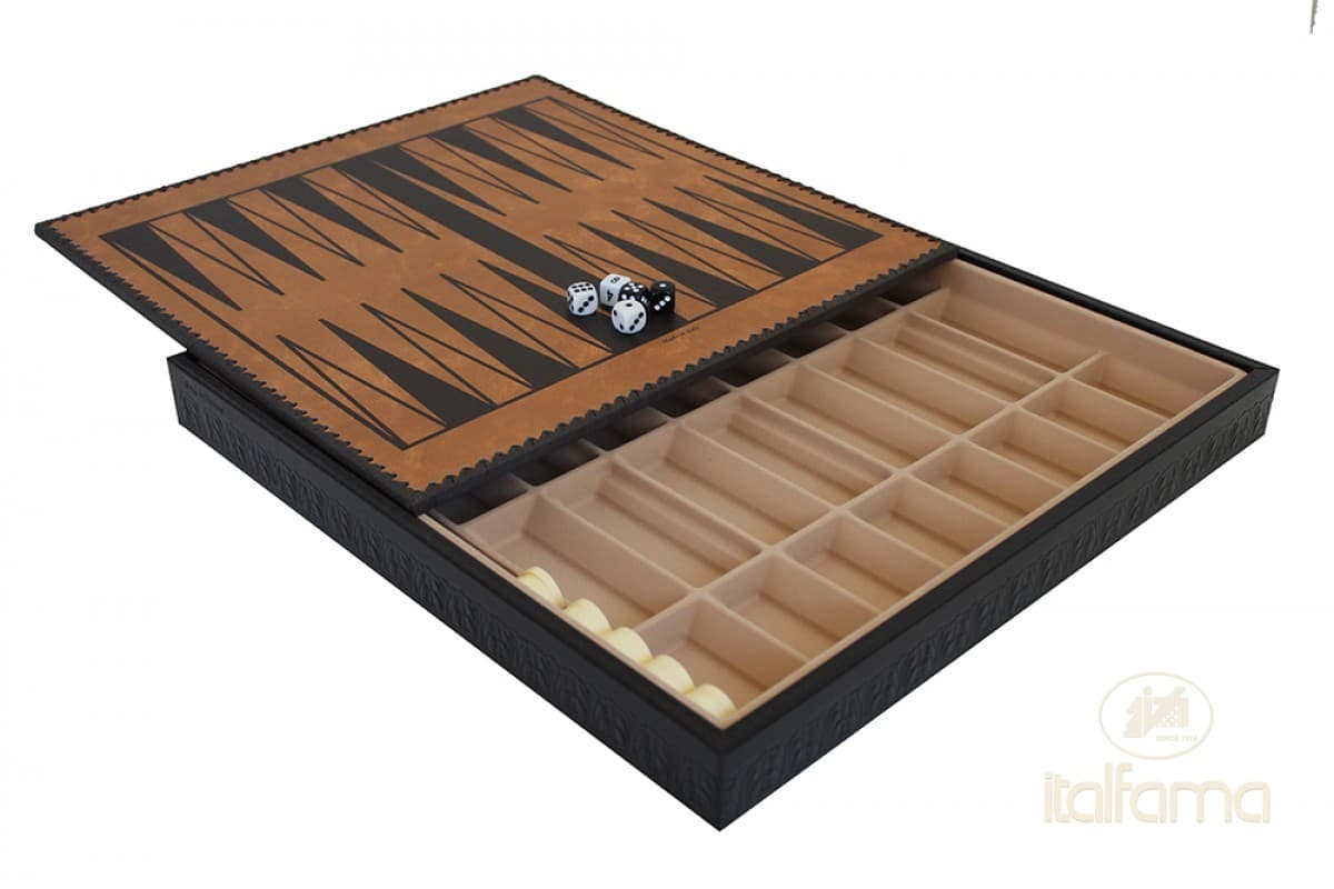 Italfama LEATHERETTE CHESSBOARD GOLD/BLACK WITH CHESS COMPARTMENTS, BACKGAMMON AND CHECKERS SET