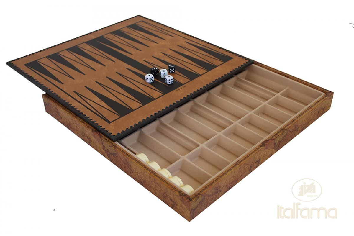 Italfama LEATHERETTE CHESSBOARD ANCIENT MAP WITH CHESS COMPARTMENTS, BACKGAMMON AND CHECKERS SET