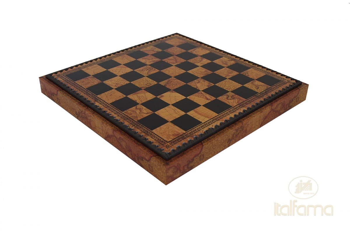 Italfama LEATHERETTE CHESSBOARD ANCIENT MAP WITH CHESS COMPARTMENTS, BACKGAMMON AND CHECKERS SET