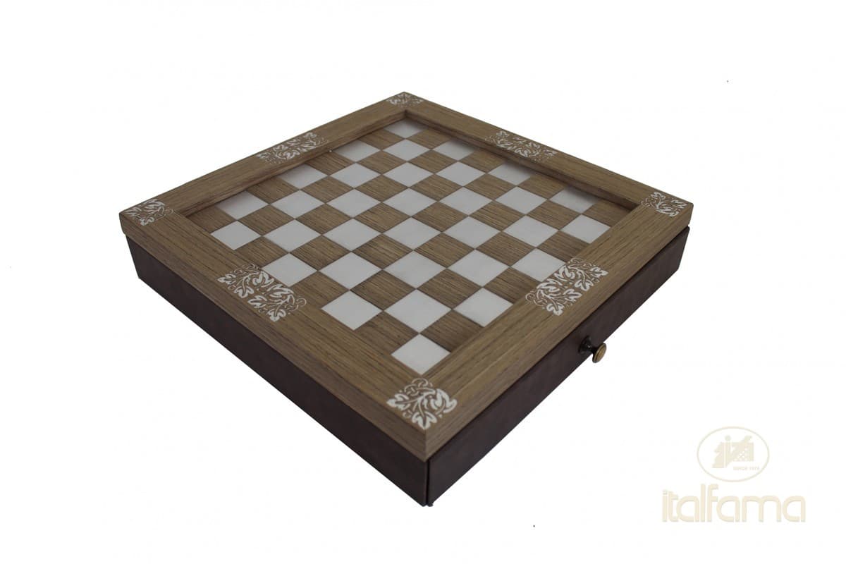 Italfama WOODEN, ALUMINUM AND LEATHERETTE CHESS BOARD WITH DRAWER