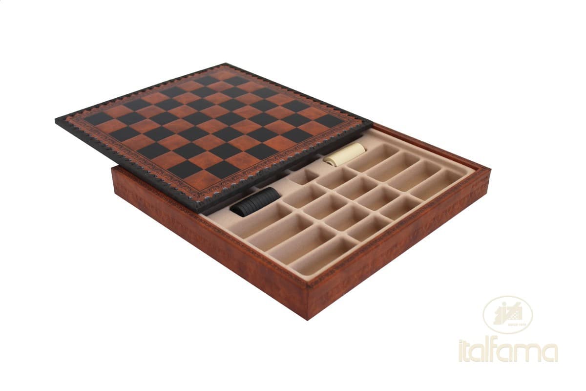 Italfama LEATHERETTE CHESSBOARD BROWN/BLACK WITH CHESS COMPARTMENTS AND CHECKERS SET