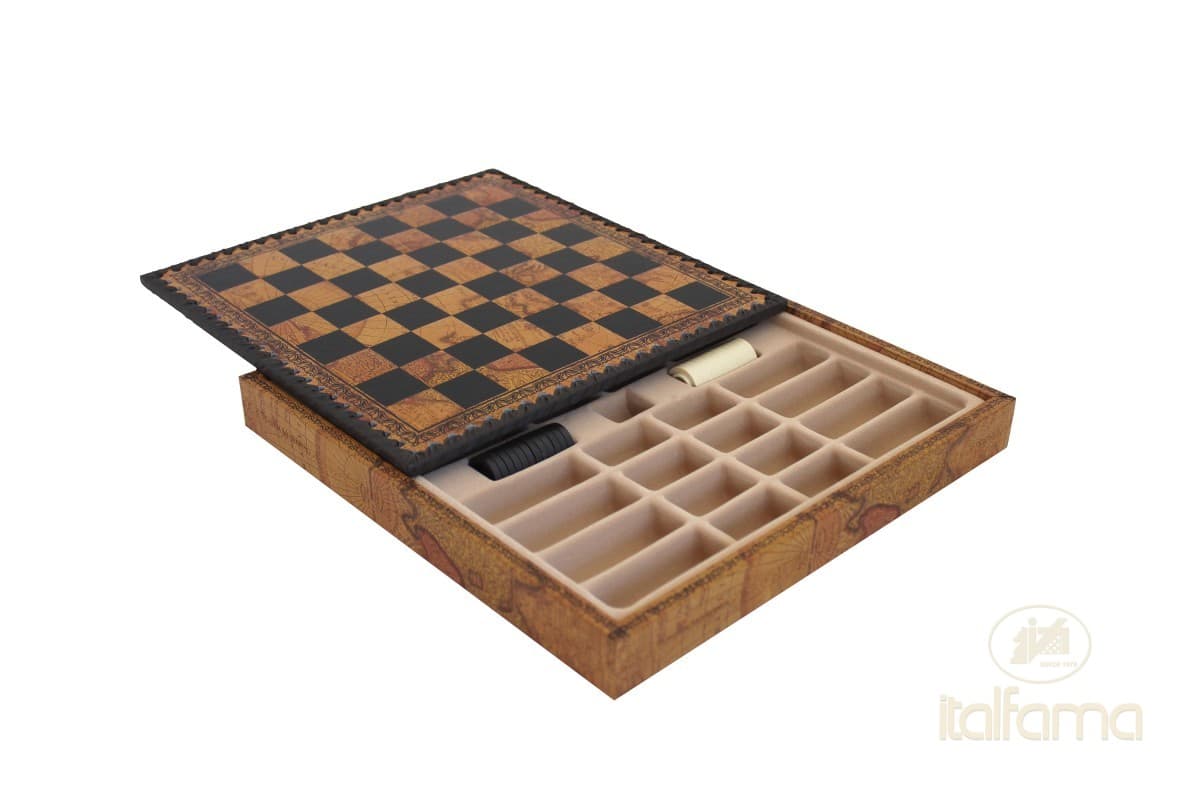 Italfama LEATHERETTE CHESSBOARD ANCIENT MAP WITH CHESS COMPARTMENTS AND CHECKERS SET