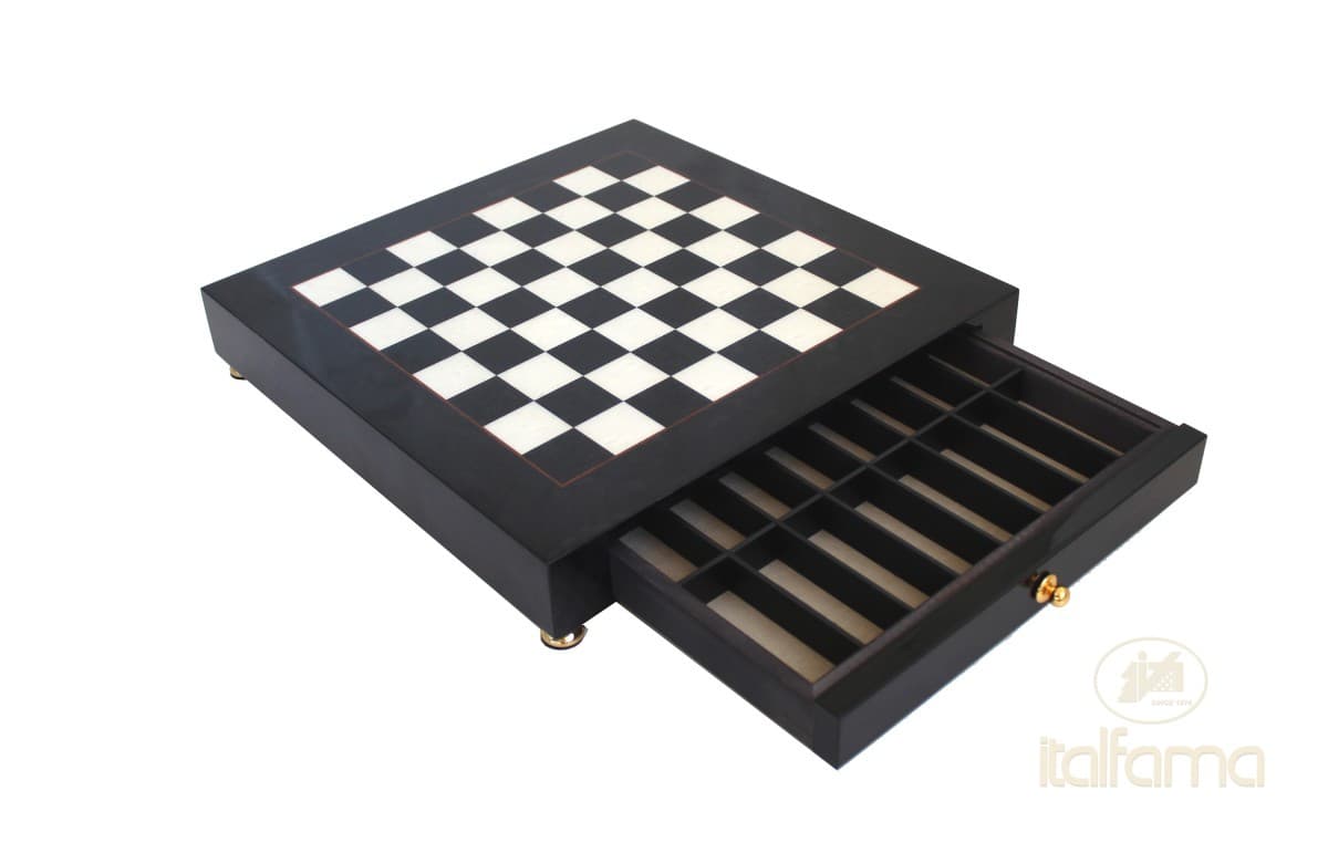 Italfama BLACK ERABLE BRIAR WOOD CHESSBOARD WITH DRAWER GLOSSY FINISH