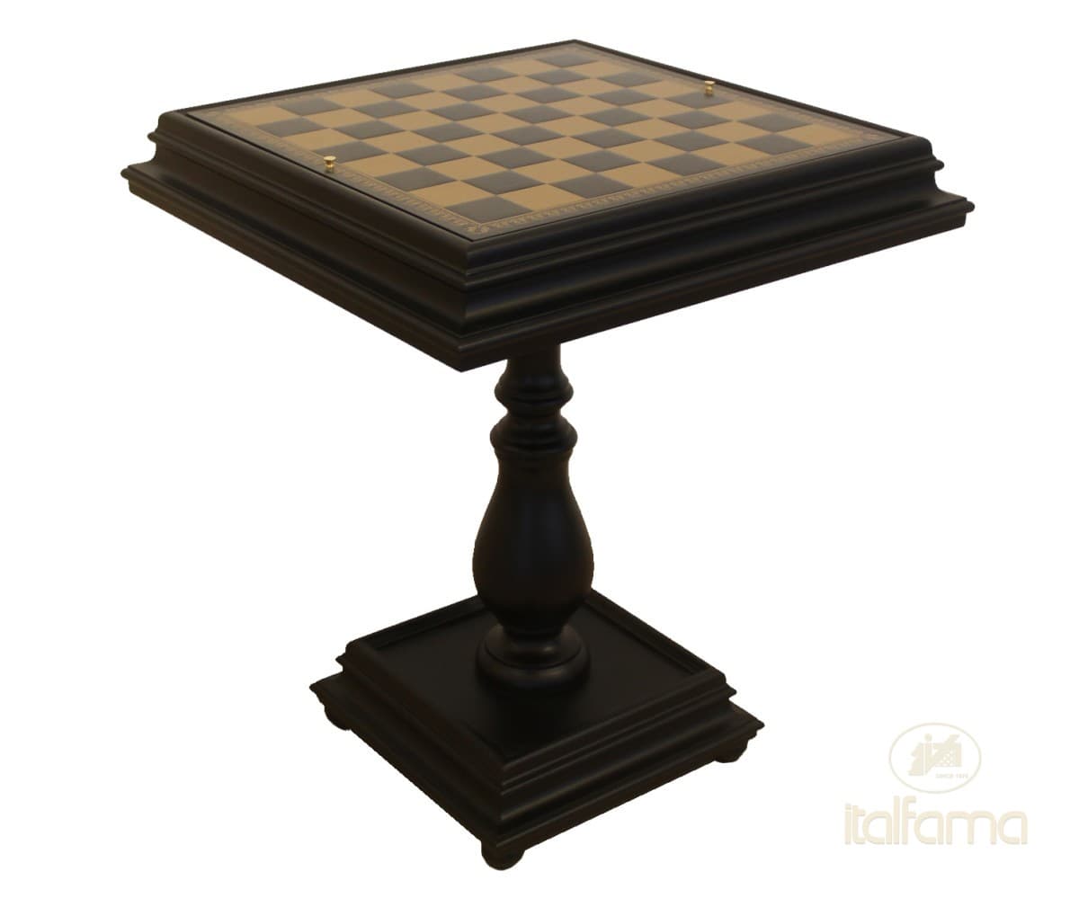 Italfama BLACK LAQUERED TILIA WOOD CHESSTABLE WITH LEATHERETTE CHESSBOARD AND CHESS COMPARTMENTS
