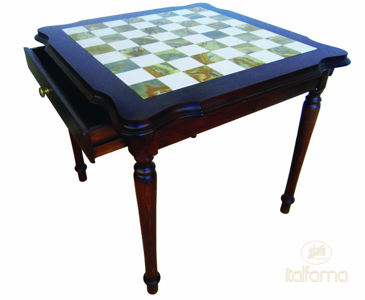 Italfama TILIA WOOD CHESS TABLE WITH ONIX AND CARRARA MARBLE TOP AND DOUBLE DRAWER