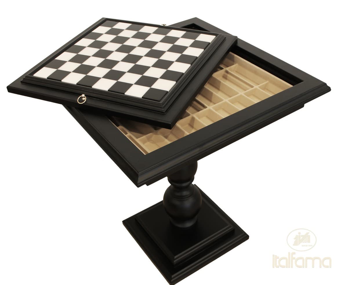 Italfama BLACK LAQUERED TILIA WOOD CHESSTABLE WITH MARBLE TOP AND CHESS COMPARTMENTS