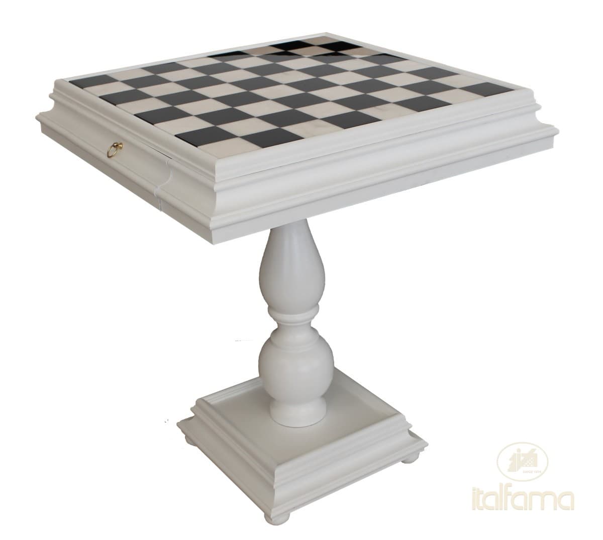 Italfama WHITE LAQUERED TILIA WOOD CHESS TABLE WITH CARRARA MARBLE TOP AND DOUBLE DRAWER