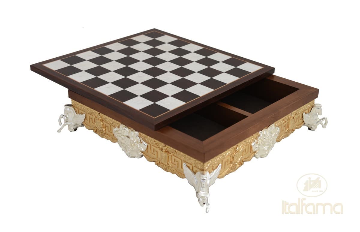 Italfama "ROMAN EMPIRE" STYLE WOODEN AND GOLD/SILVER PLATED METAL CHESSBOARD BOX