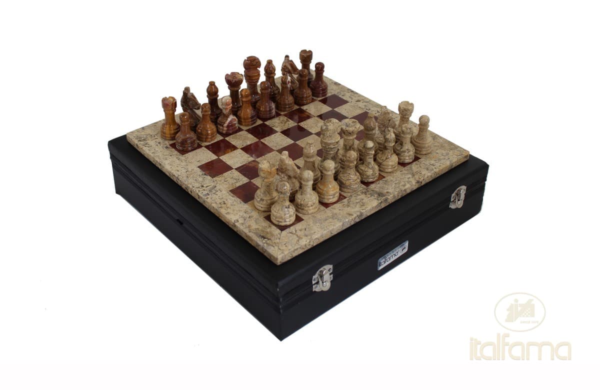 Italfama FOSSIL BROWN MARBLE AND RED ONIX CHESS SET