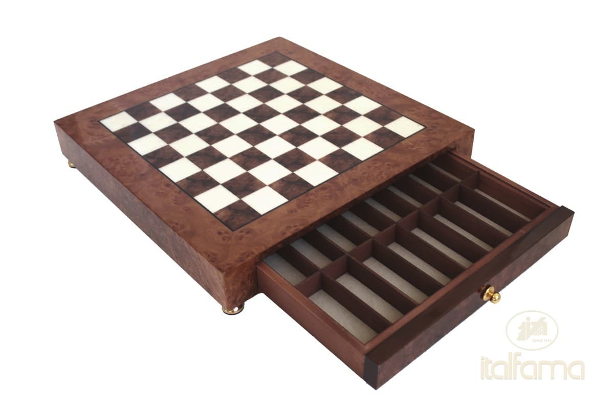 Italfama ELM BRIAR WOOD CHESSBOARD WITH DRAWER AND FEET GLOSSY FINISH