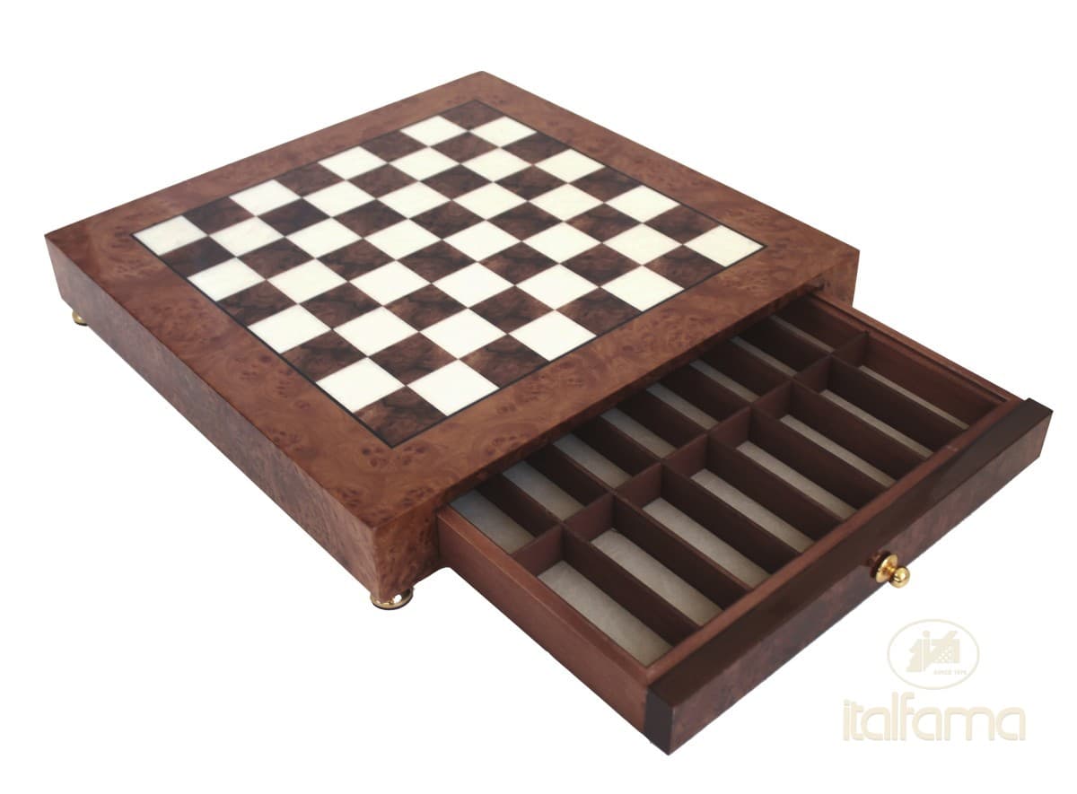 Italfama ELM BRIAR WOOD CHESSBOARD WITH DRAWER GLOSSY FINISH