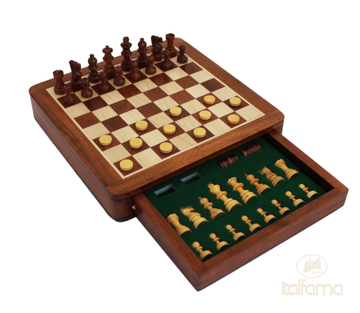 Italfama (3°size) "PREMIUM QUALITY" MAGNETIC WOODEN CHESS + CHECKERS SET WITH DRAWER