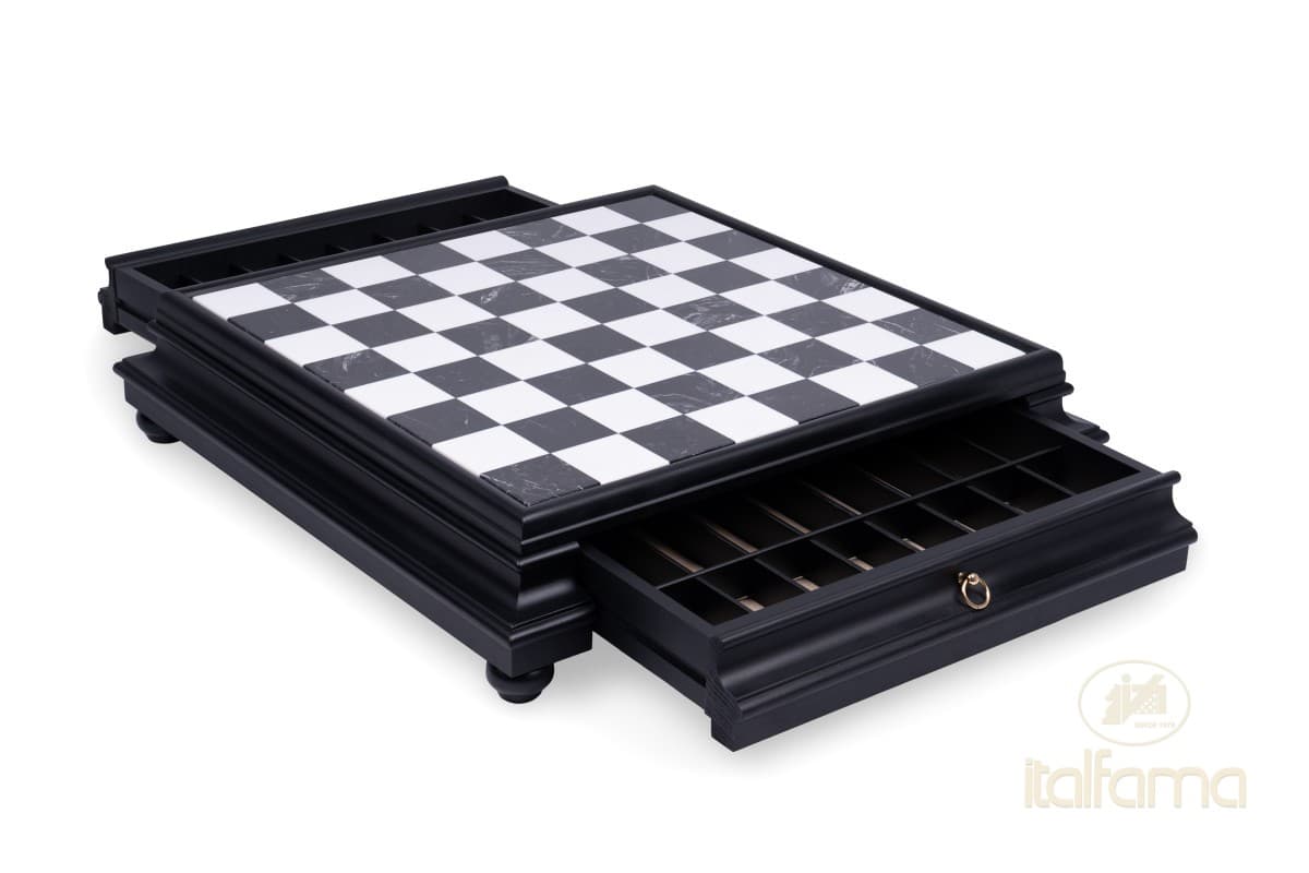 Italfama LACQUERED WOODEN CHESS BOARD WITH MARBLE TOP AND DRAWER