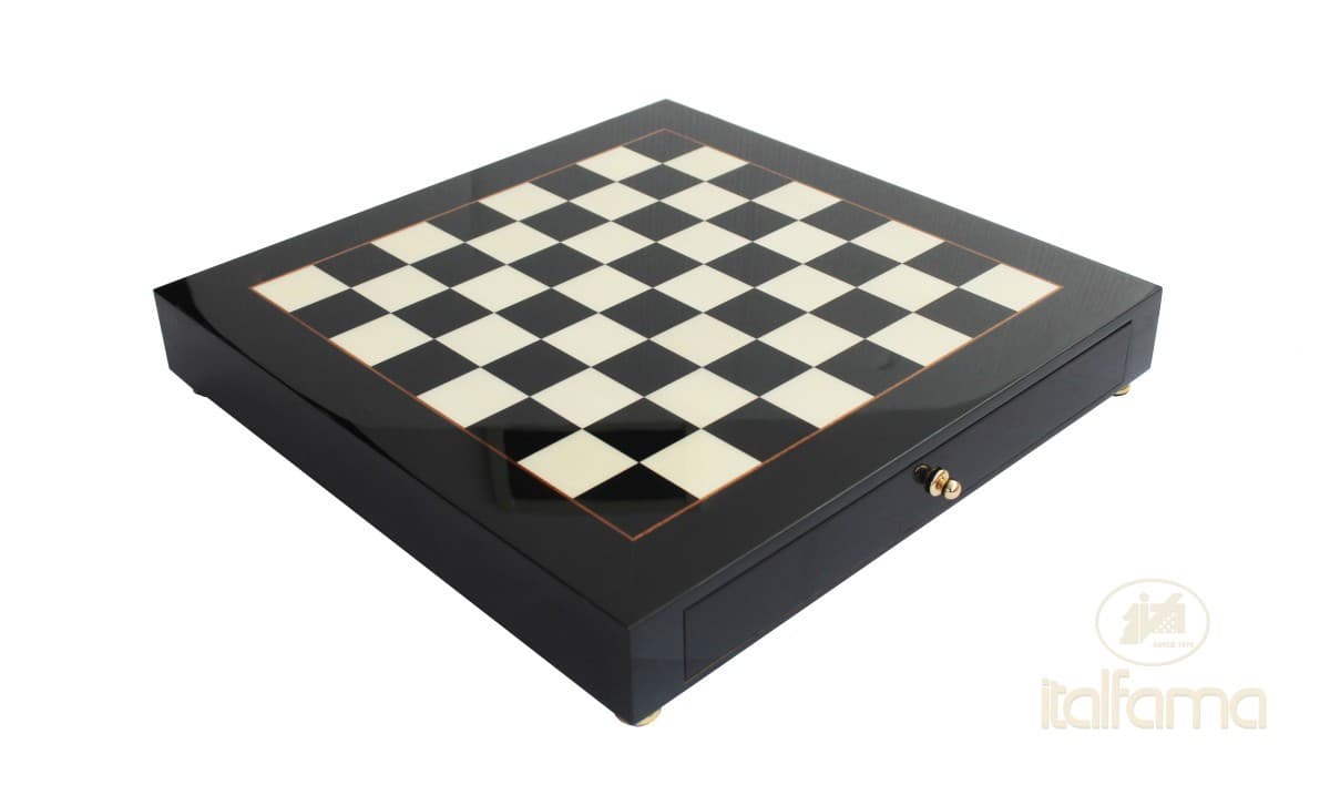Italfama BLACK ERABLE BRIAR WOOD CHESSBOARD WITH DRAWER AND GOLDEN FEET